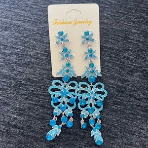 New 5” Sky Blue Rhinestone Pierced Flower & Angel Earrings